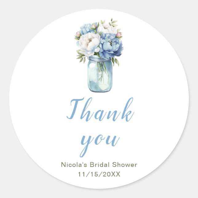 Pegatina Redonda Blue Peonies Mason Jar Bridal Shower (Anverso)