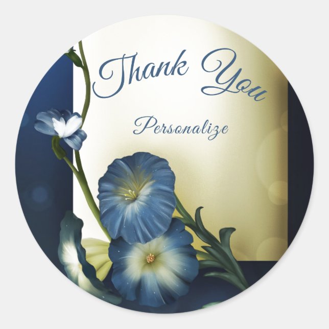 Pegatina Redonda Blue Petunias Floral Gracias Personalizado (Anverso)