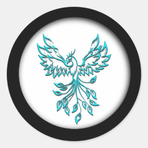 Pegatina Redonda Blue Phoenix Rising en Blanco