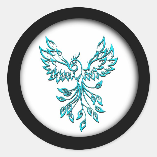 Pegatina Redonda Blue Phoenix Rising en Blanco (Anverso)