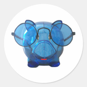 Pegatina Redonda Blue Piggy Bank con gafas