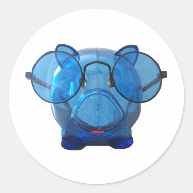 Pegatina Redonda Blue Piggy Bank con gafas (Anverso)