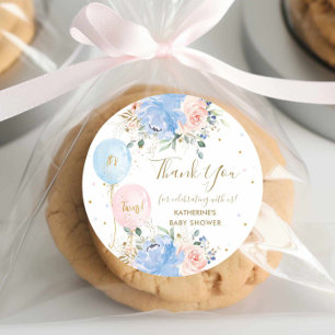 Pegatina Redonda Blue Pink Balloons Floral Twins Baby Shower