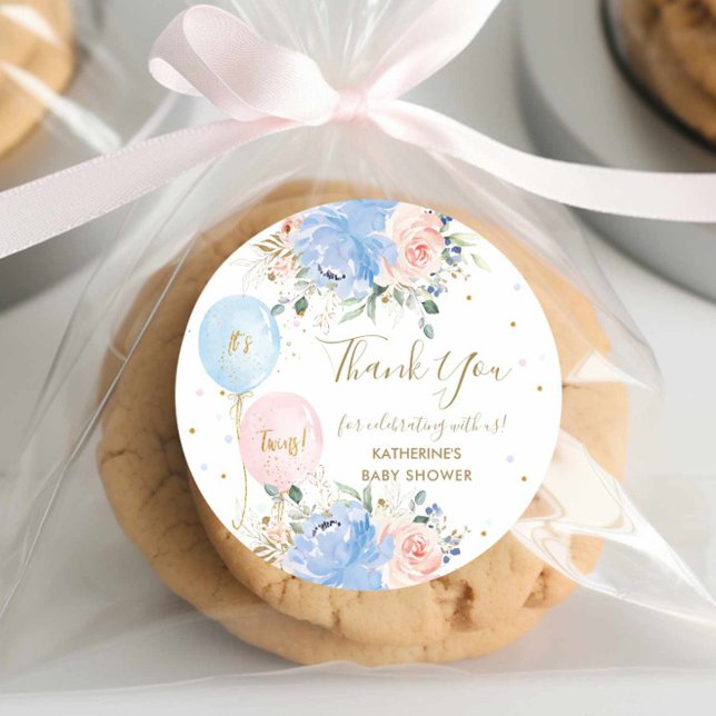 Pegatina Redonda Blue Pink Balloons Floral Twins Baby Shower (Subido por el creador)