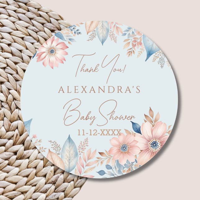 Pegatina Redonda Blue Pink Floral Boho Moda Baby Shower Gracias (Subido por el creador)