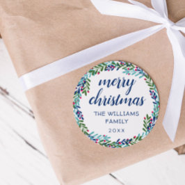 Pegatina Redonda Blue & Pink Wreath Merry Christmas