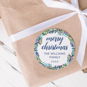 Pegatina Redonda Blue & Pink Wreath Merry Christmas