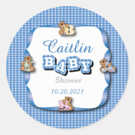Pegatina Redonda Blue Plaid with Baby Bears | Bebé Boy Shower