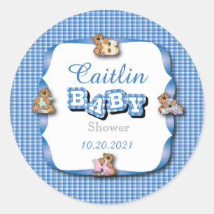 Pegatina Redonda Blue Plaid with Baby Bears Bebé Boy Shower