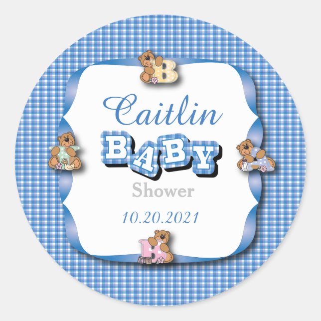 Pegatina Redonda Blue Plaid with Baby Bears | Bebé Boy Shower (Anverso)