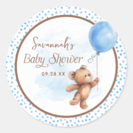 Pegatina Redonda Blue Polka Dot Teddy Bear Balloon Baby Shower