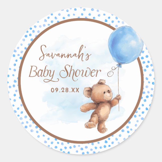 Pegatina Redonda Blue Polka Dot Teddy Bear Balloon Baby Shower (Anverso)