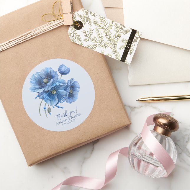 Pegatina Redonda Blue Poppy Floral Boda Gracias (Regalar)