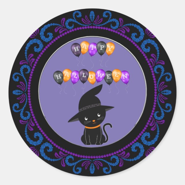 Pegatina Redonda Blue Purple Black Cat Feliz Globos de Halloween (Anverso)