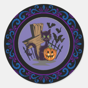 Pegatina Redonda Blue Purple Black Cat Tombstone murmuran Halloween