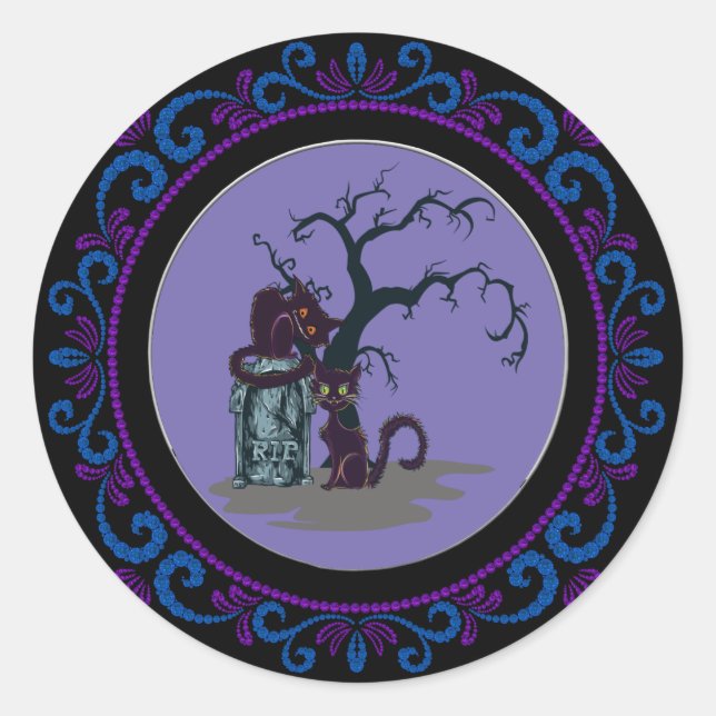 Pegatina Redonda Blue Purple Black Cats Tombstone Tree Halloween (Anverso)