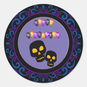 Pegatina Redonda Blue Purple Black Skulls Happy Halloween