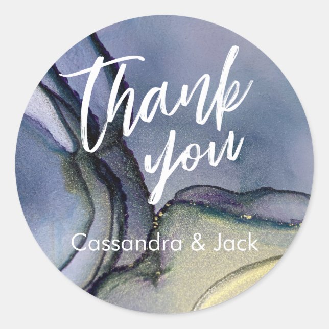 Pegatina Redonda Blue Purple Gold Liquid Abstract Art Casual Hand (Anverso)