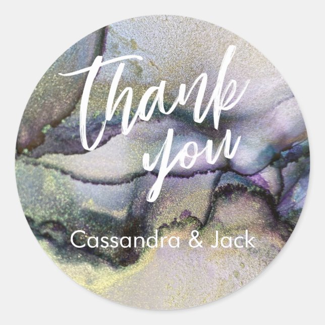 Pegatina Redonda Blue Purple Gold Liquid Abstract Art Casual Hand (Anverso)