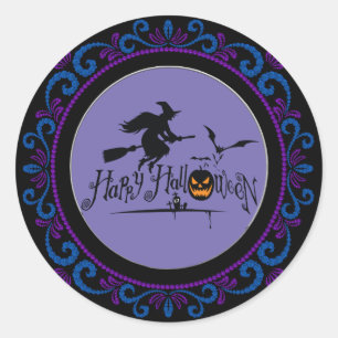 Pegatina Redonda Blue Purple Happy Halloween Bruja Y Bats