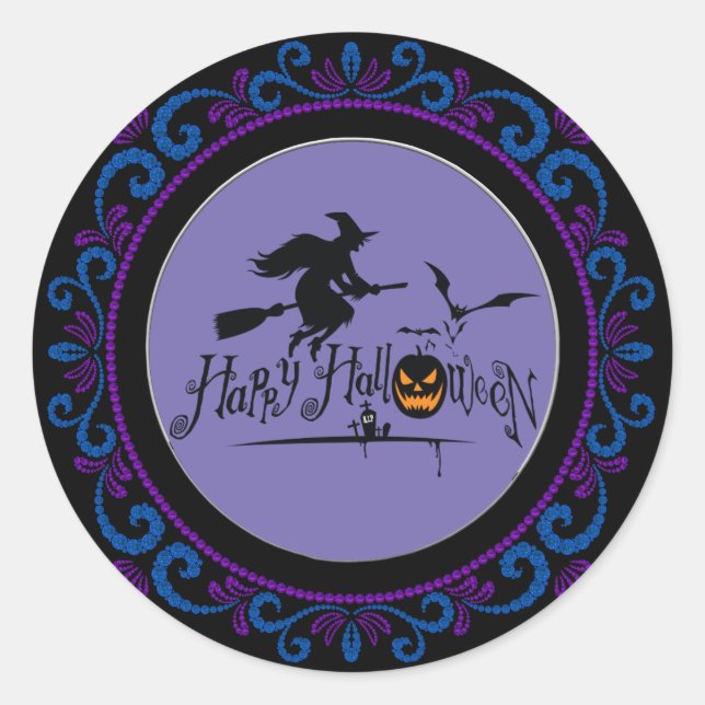 Pegatina Redonda Blue Purple Happy Halloween Bruja Y Bats (Anverso)