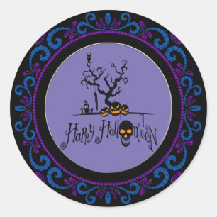 Pegatina Redonda Blue Purple Happy Halloween Grave Yard