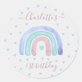 Pegatina Redonda Blue Purple Pastel Rainbow First Birday