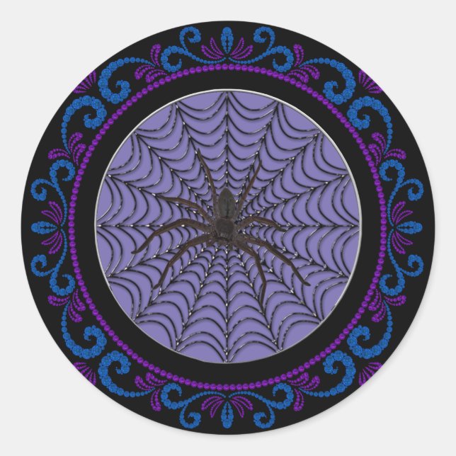 Pegatina Redonda Blue Purple Spider Web Y Black Spider Halloween (Anverso)