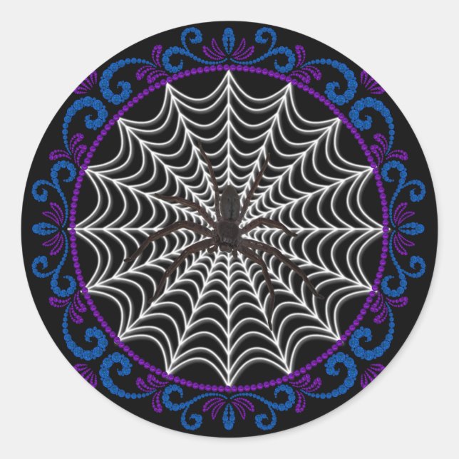 Pegatina Redonda Blue Purple White Spider Web Y Black Spider (Anverso)