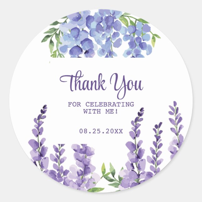 Pegatina Redonda Blue Purple Wisteria Floral Greeneration Gracias (Anverso)