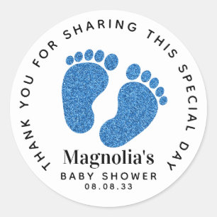 Pegatina Redonda Blue Purpurina Baby Feet Baby Shower Gracias