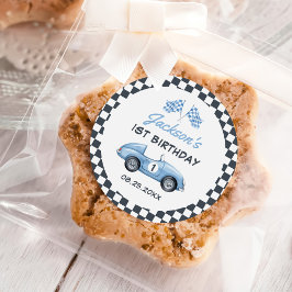 Pegatina Redonda Blue Race Car Boy primer cumpleaños
