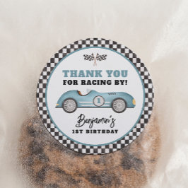 Pegatina Redonda Blue Race Car Fast One Boy Birday Party