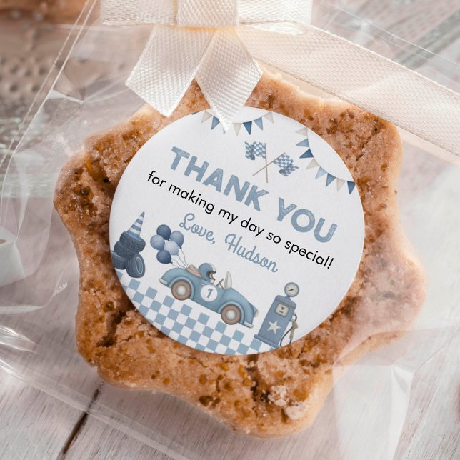 Pegatina Redonda Blue Race Car First Lap Around the Track Birthday (Subido por el creador)