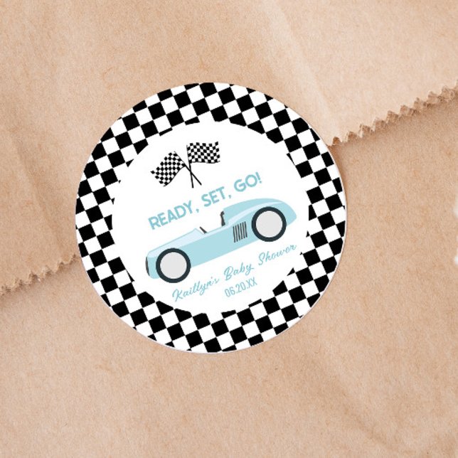 Pegatina Redonda Blue Race Car Ready Set Go Baby Shower Party Favor (Subido por el creador)