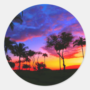 Pegatina Redonda Blue Red Sunset Exotic Hawaiian Beach Palm Trees