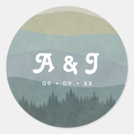 Pegatina Redonda Blue Retro Mountains and Forest Wedding Monogram