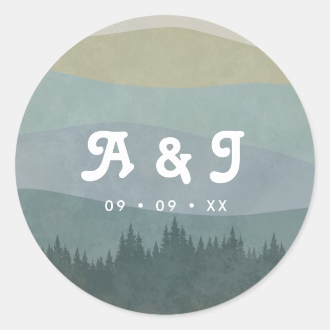 Pegatina Redonda Blue Retro Mountains and Forest Wedding Monogram (Anverso)