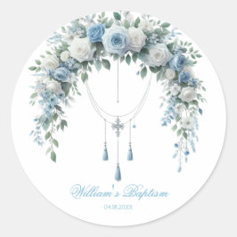 Pegatina Redonda Blue Rose & Silver Cross Baptism Favor Sticker