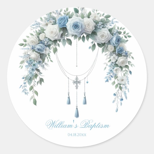 Pegatina Redonda Blue Rose & Silver Cross Baptism Favor Sticker (Anverso)