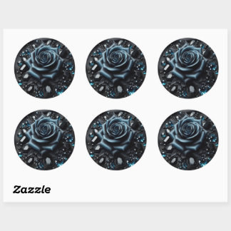 Pegatina Redonda Blue Rose with Jewels on Black Fabric