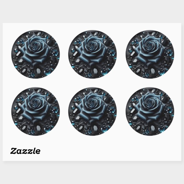 Pegatina Redonda Blue Rose with Jewels on Black Fabric (Hoja)