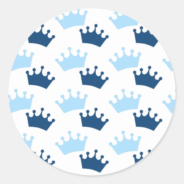Pegatina Redonda Blue Royal Crowne Fairytale Prince Baby Shower (Anverso)