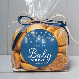 Pegatina Redonda Blue Rustic Wood Mason Jars Lights Baby Shower