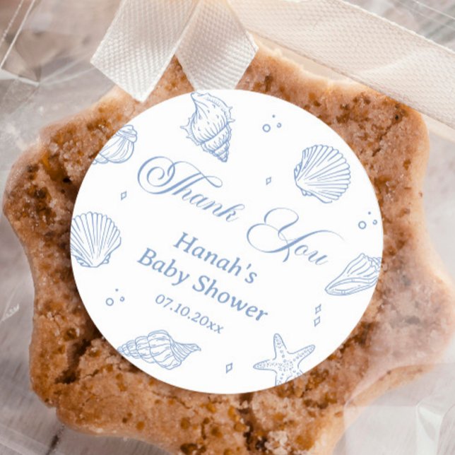 Pegatina Redonda Blue Seashells Coastal Baby Shower Gracias (Subido por el creador)