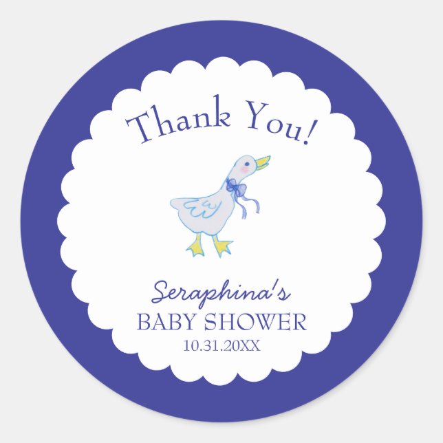 Pegatina Redonda Blue Silly Goose Baby Shower Gracias (Anverso)