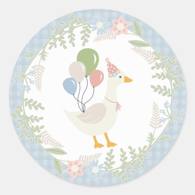 Pegatina Redonda Blue Silly Goose Floral Gingham Favors (Anverso)