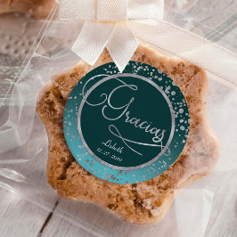 Pegatina Redonda Blue Silver Confetti Gracias por tu cumpleaños