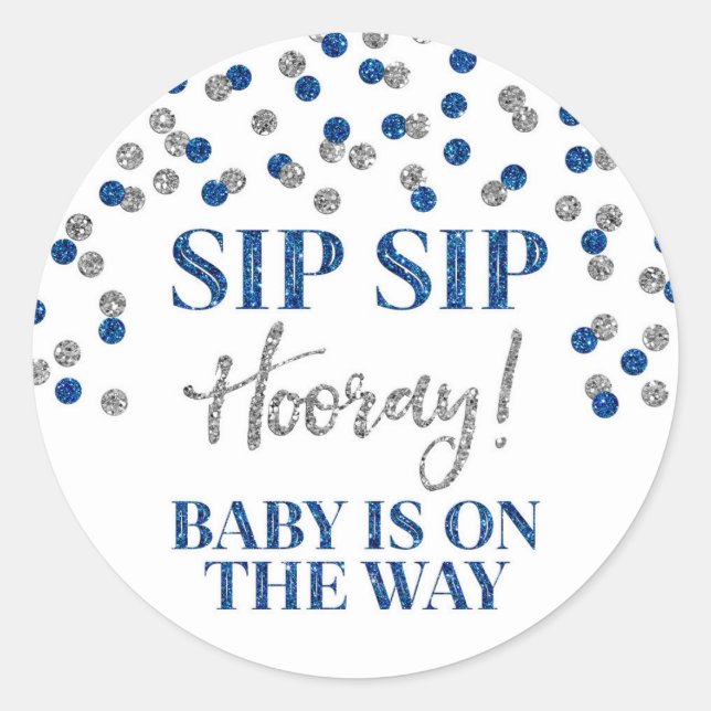 Pegatina Redonda Blue Silver Confetti Sip Sip Hooray (Anverso)