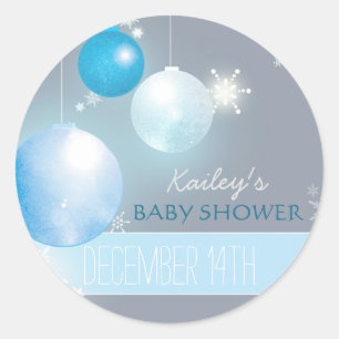Pegatina Redonda Blue Silver Gray Winter Baby Boy Shower